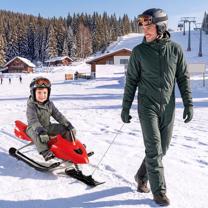 Kids riding a GBruno Store snow racer sled with brakes and steering handle on snow, designed for safe winter fun.
