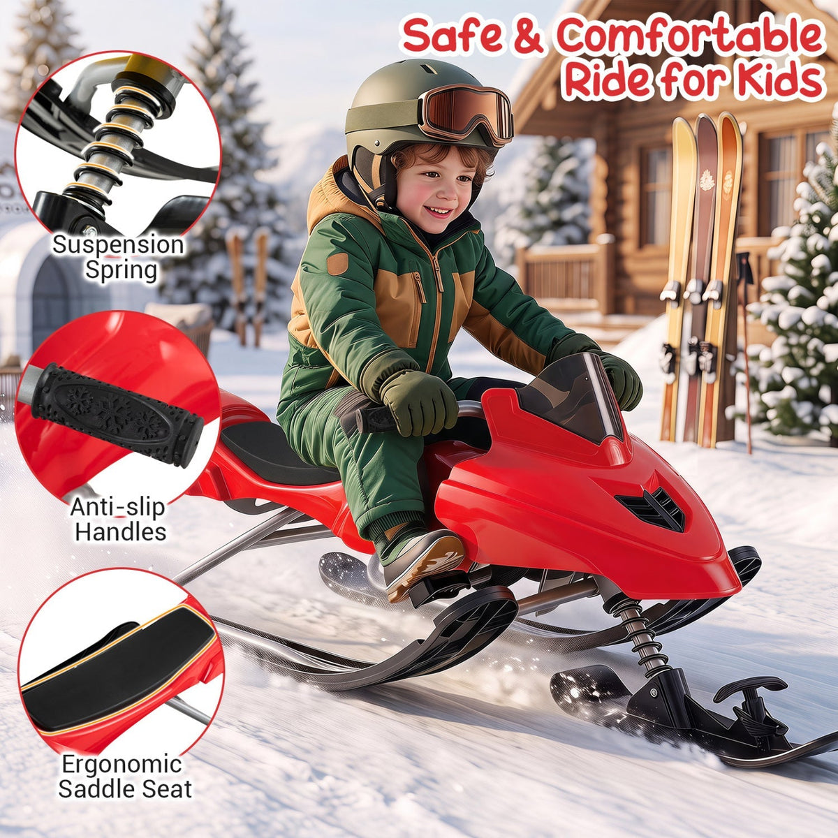 Kids riding GBruno Store snow racer sled with brakes and steering handle on snowy hill. Durable snow sled for children.