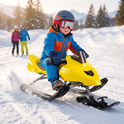 Kids riding GBruno snow racer sled with brakes and steering handle on snow, designed for winter fun and safety.
