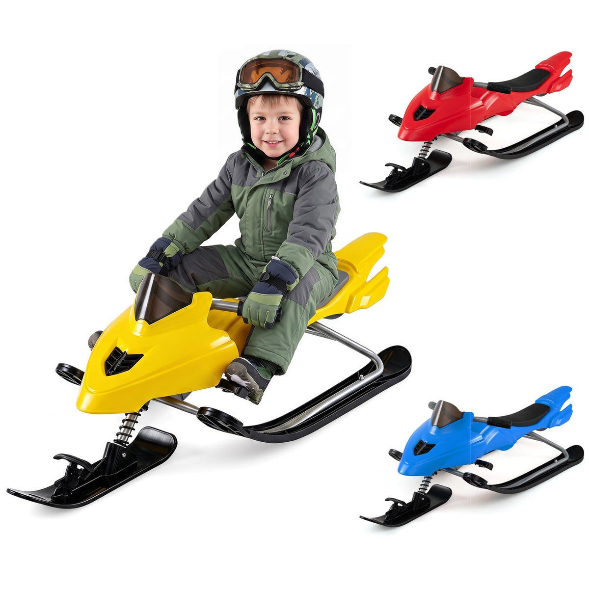 Kids enjoying a GBruno Store snow racer sled with brakes and steering handle on snowy terrain.