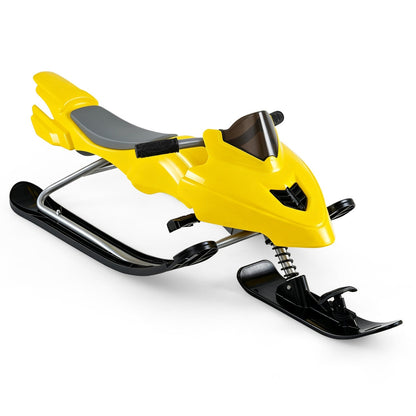 Kids riding a GBruno Store snow racer sled with brakes and steering handle on snowy terrain.