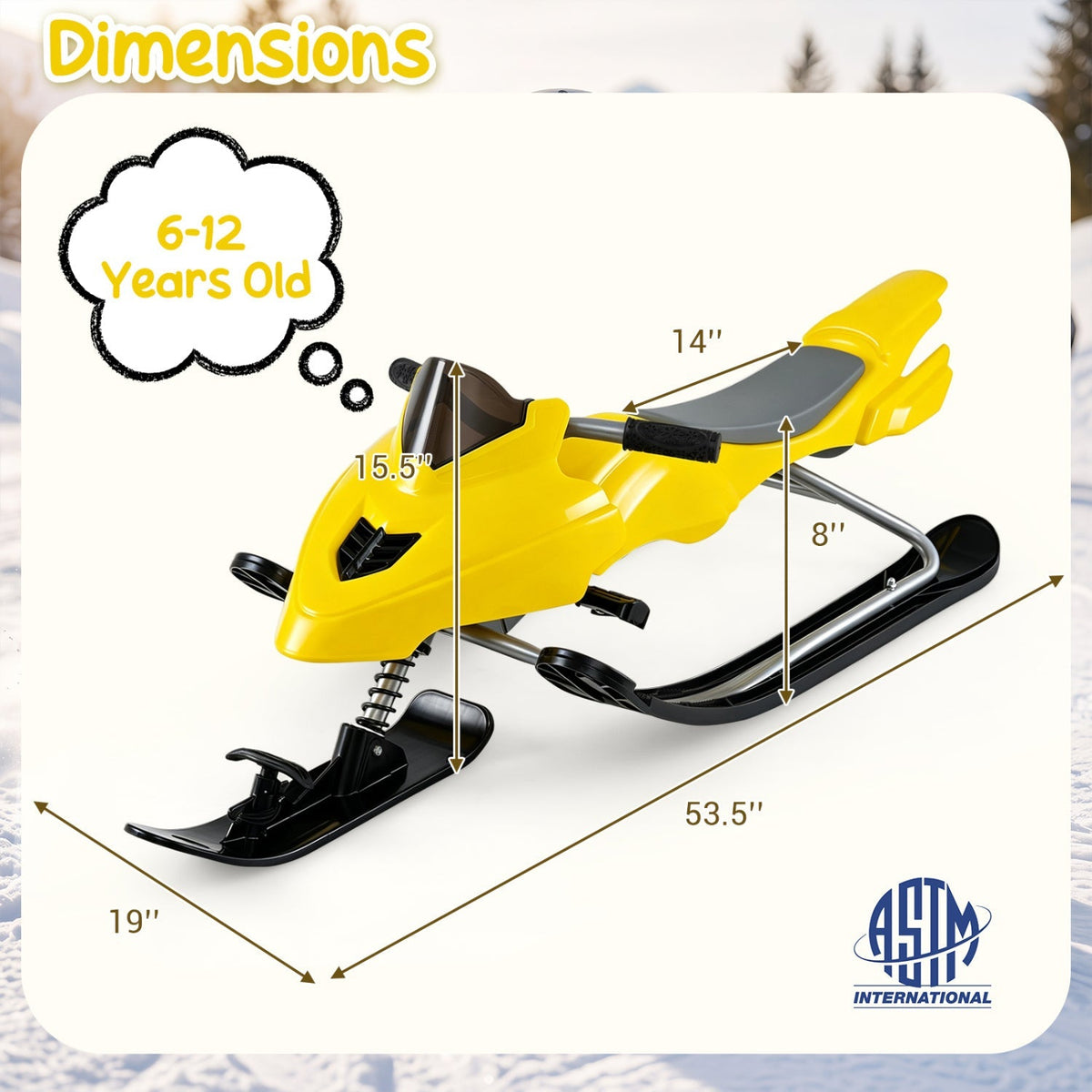 Kids snow racer sled with brakes and steering handle, designed for winter fun and easy control on snowy slopes.