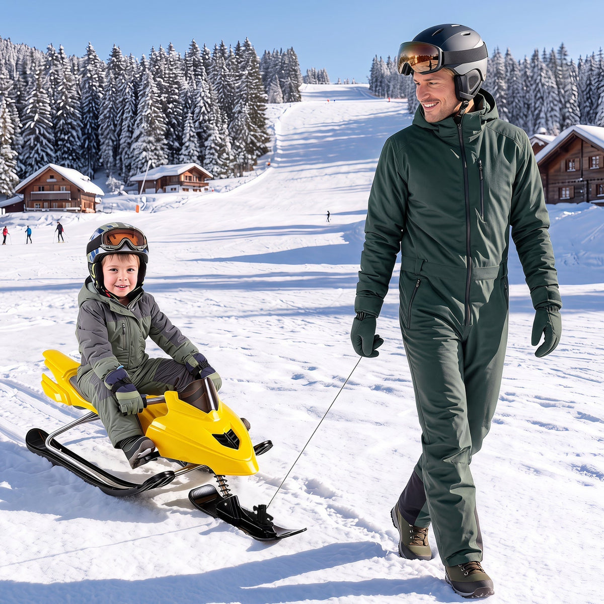 Kids riding GBruno Store snow racer sled with brakes and steering handle on snowy hill. Durable snow sled for children.