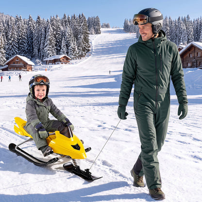 Kids riding GBruno Store snow racer sled with brakes and steering handle on snowy hill. Durable snow sled for children.