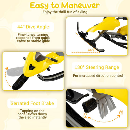 Kids snow racer sled with brakes and steering handle, designed for winter fun and outdoor snow play.