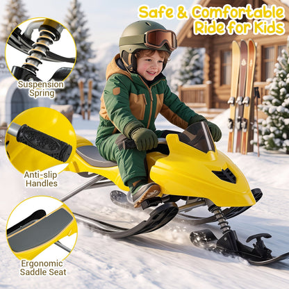 Kids riding a GBruno Store snow racer sled with brakes and steering handle on snowy terrain.