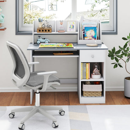 Kids study desk with hutch, drawer, and shelves from GBruno Store, featuring a wooden surface and organized storage for children.