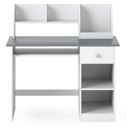 Kids study desk with hutch, drawer, and shelves by GBruno Store, featuring a wooden surface and organized storage for children.