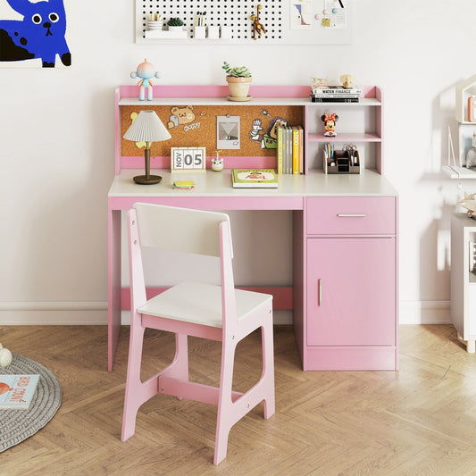 Kids study desk and chair set with storage compartments and bulletin board, designed for children, by GBruno Store.