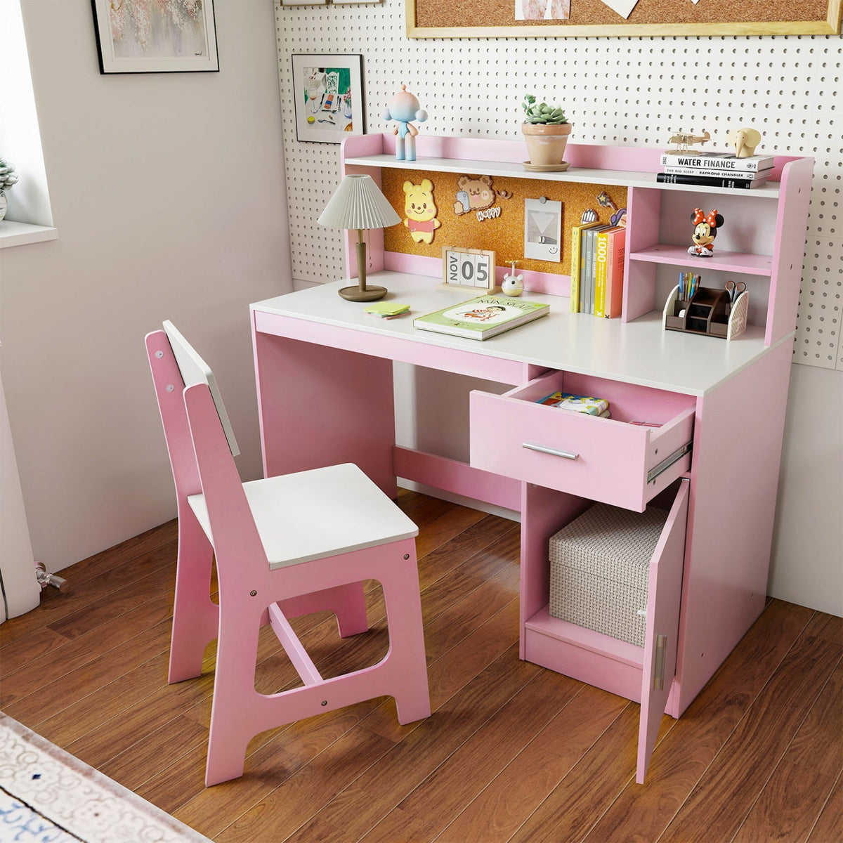 Kids study desk and chair set with storage drawers and bulletin board, designed for children's learning and organization.