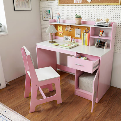 Kids study desk and chair set with storage drawers and bulletin board, designed for children's learning and organization.