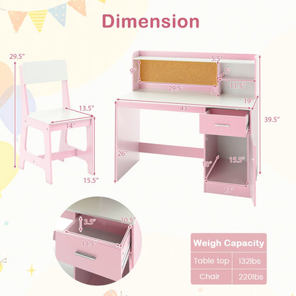 Kids study desk and chair set with storage compartments and bulletin board, ideal for children’s learning and organization.