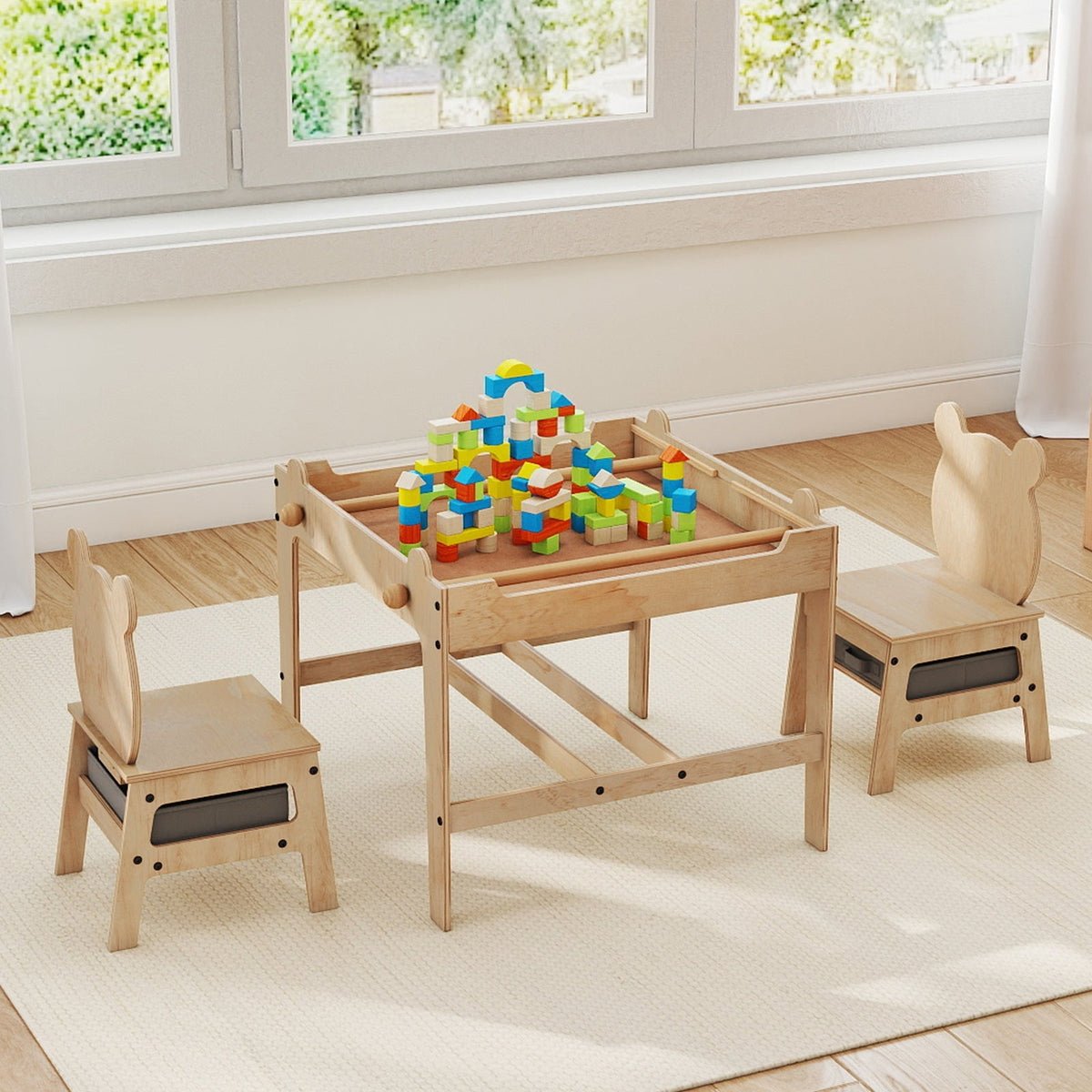 Kids table and chair set with reversible whiteboard surface by GBruno Store, featuring colorful chairs and a smooth tabletop.