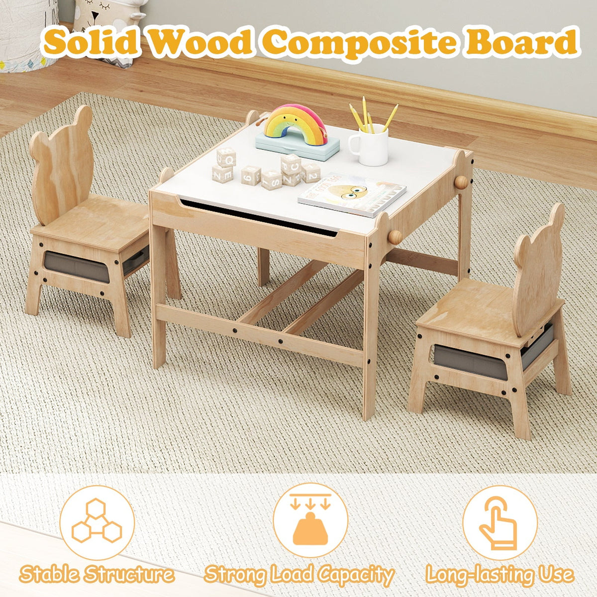 Kids table and chair set with reversible whiteboard surface, designed for children, sturdy wood construction, colorful and playful design.
