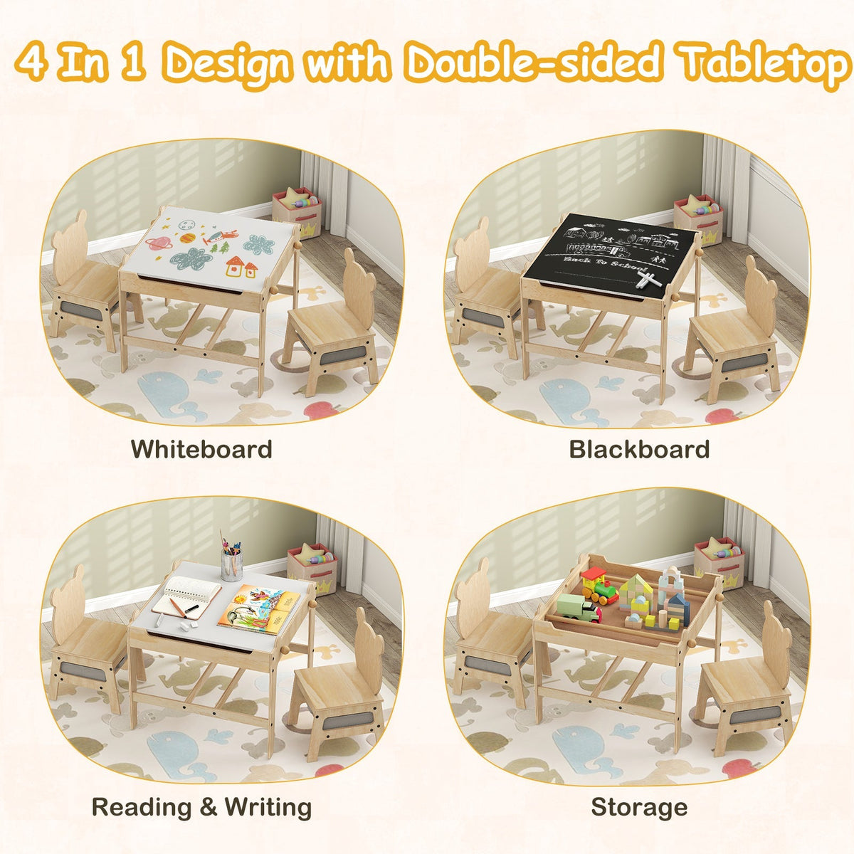 Kids table and chair set with reversible whiteboard from GBruno Store, featuring a colorful child-friendly design and sturdy wood construction.