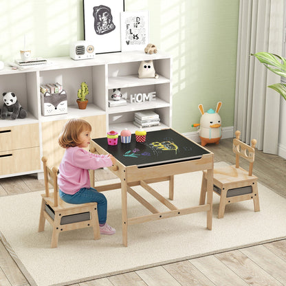 Kids table and chair set with reversible whiteboard, featuring colorful chairs and a sturdy table for creative play.