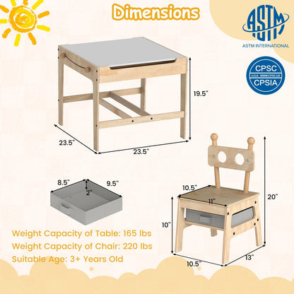 Kids table and chair set with reversible whiteboard, featuring colorful plastic chairs and a wooden table for children's activities.