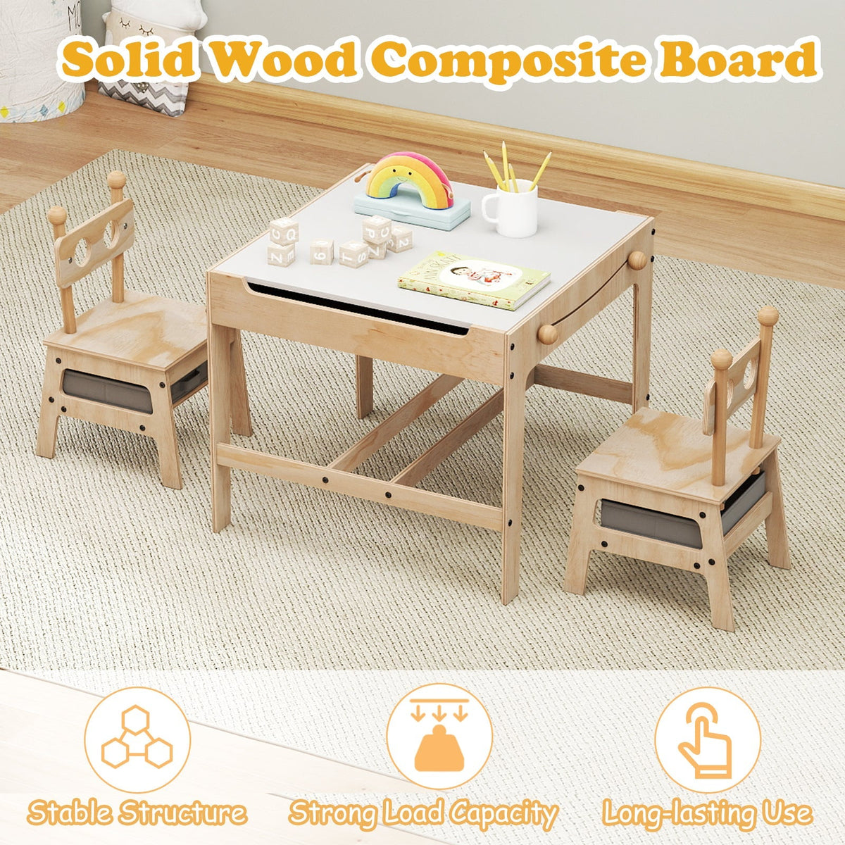 Kids table and chair set with reversible whiteboard surface, colorful plastic chairs, ideal for children's activities and learning.