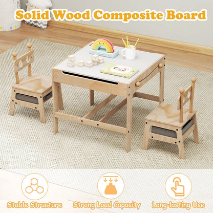 Kids table and chair set with reversible whiteboard surface, colorful plastic chairs, ideal for children's activities and learning.