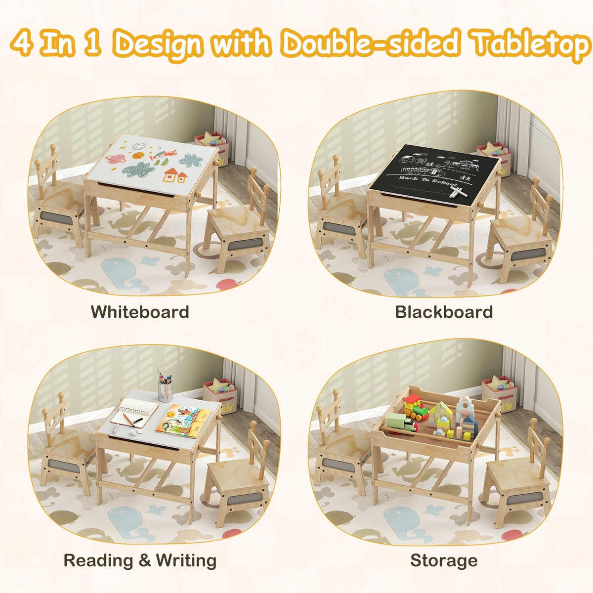 Kids table and chair set with reversible whiteboard by GBruno Store, featuring a sturdy wooden table and colorful chairs for children.