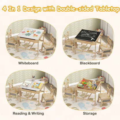 Kids table and chair set with reversible whiteboard by GBruno Store, featuring a colorful table and small chairs for children.