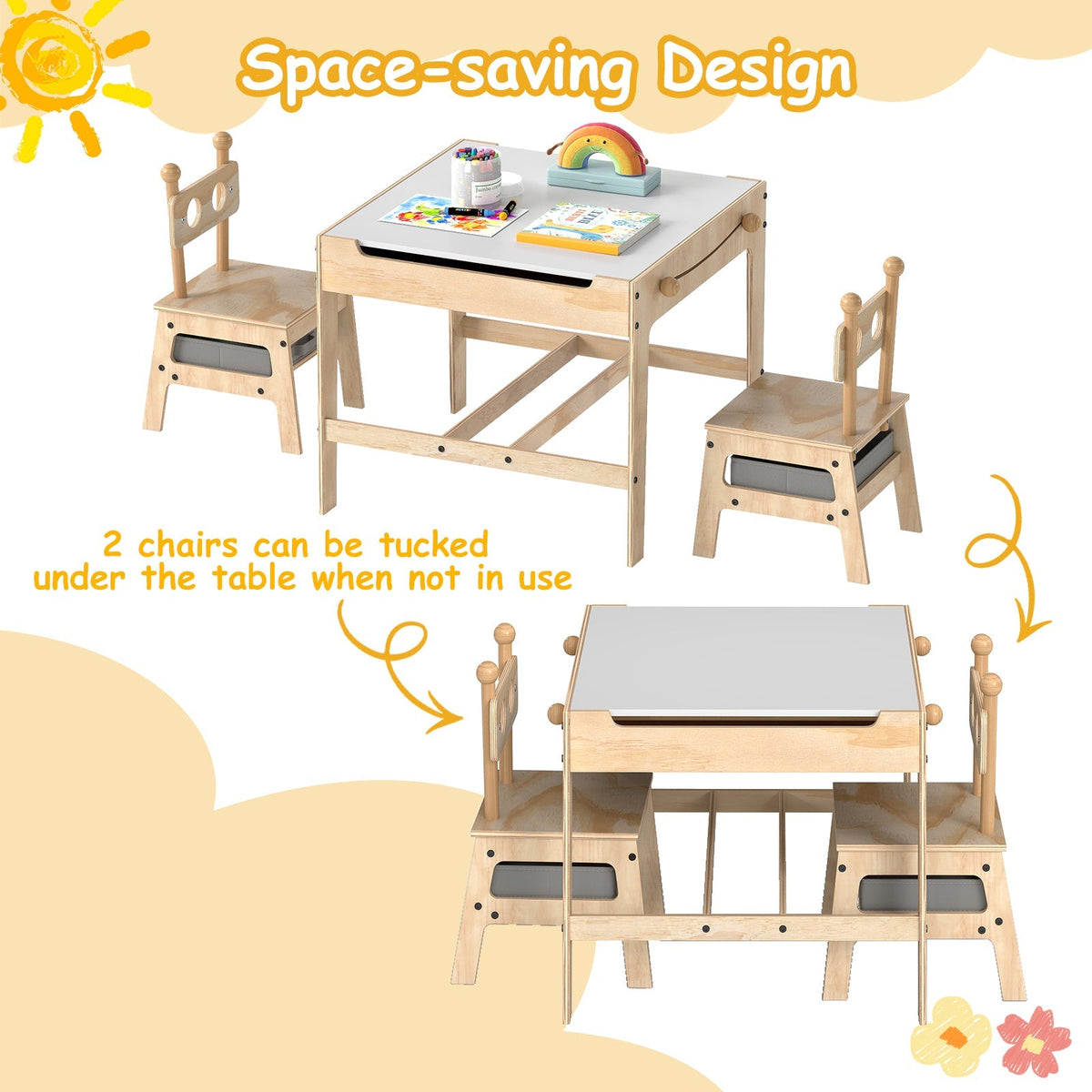 Kids table and chair set with reversible whiteboard, featuring colorful wooden furniture for children by GBruno Store.