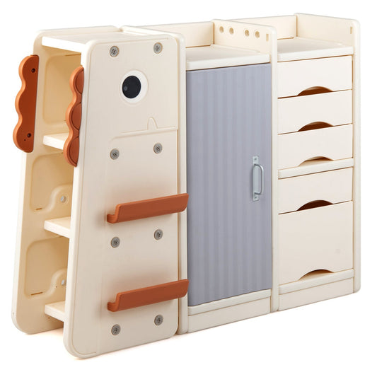 Kids toy storage organizer with five removable bins in vibrant colors, perfect for a playroom to keep toys tidy.