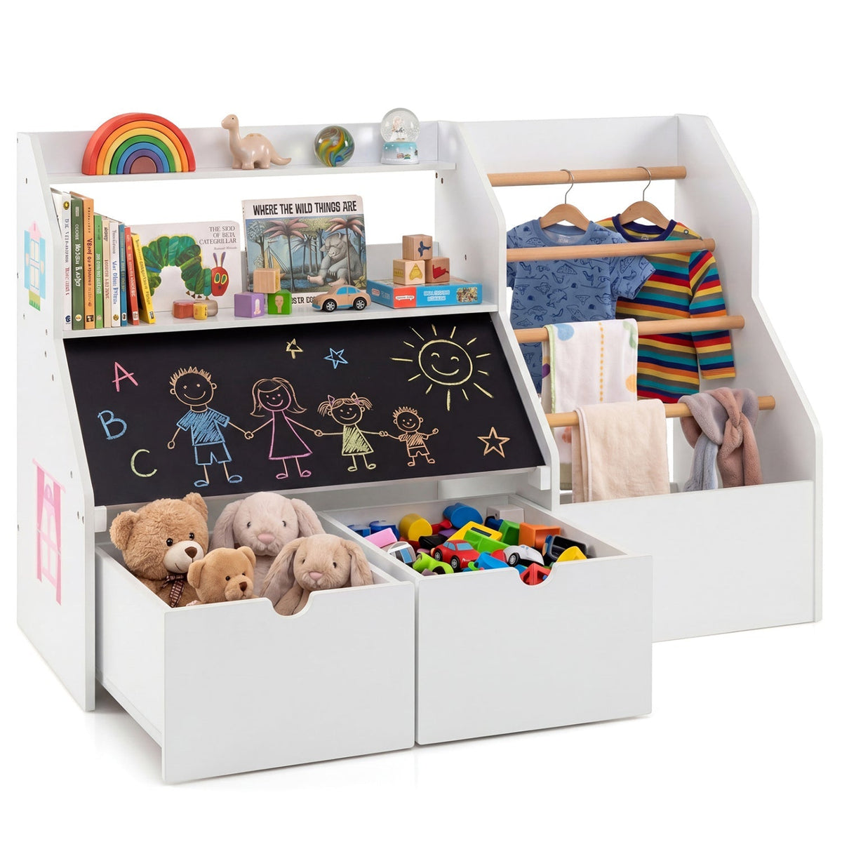 Kids toy storage organizer with flip-up blackboard from GBruno Store, featuring multiple compartments and colorful design for children's rooms.