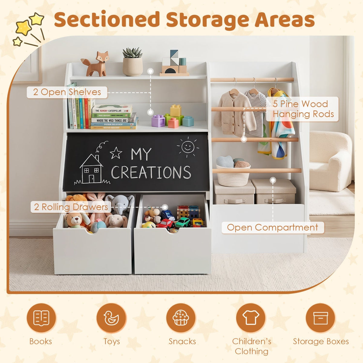 Kids toy storage organizer with flip-up blackboard from GBruno Store, featuring colorful bins and a built-in blackboard for drawing.