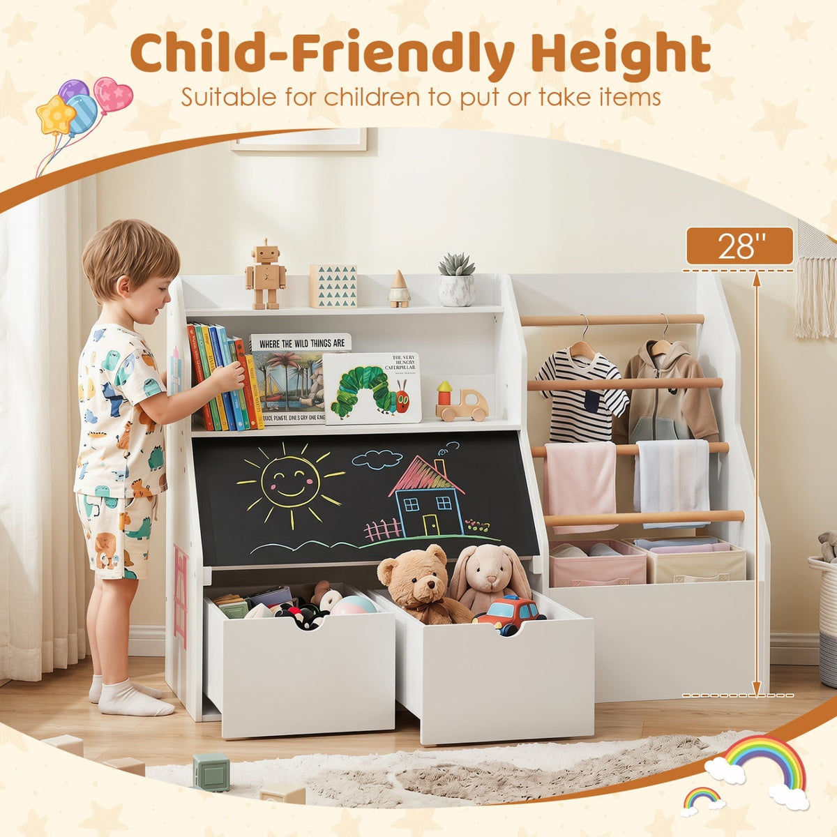 Kids toy storage organizer with flip-up blackboard by GBruno Store, featuring colorful compartments and a writable blackboard surface.
