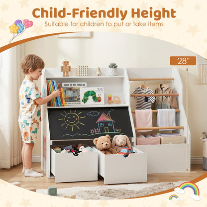 Kids toy storage organizer with flip-up blackboard by GBruno Store, featuring colorful compartments and a writable blackboard surface.