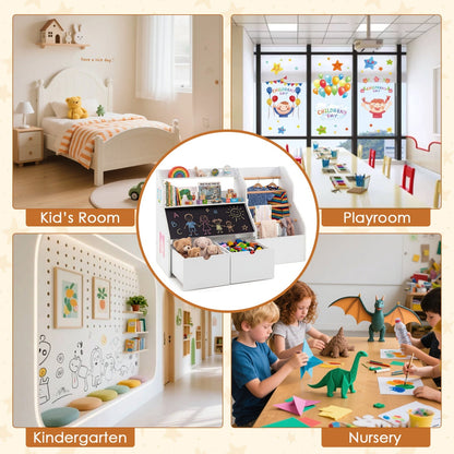 Kids toy storage organizer with flip-up blackboard by GBruno Store, featuring colorful compartments and a writable surface for kids.