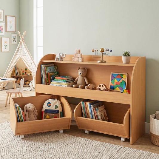 Kids storage organizer with rolling drawers and bookshelf by GBruno Store, featuring colorful compartments and toy storage.