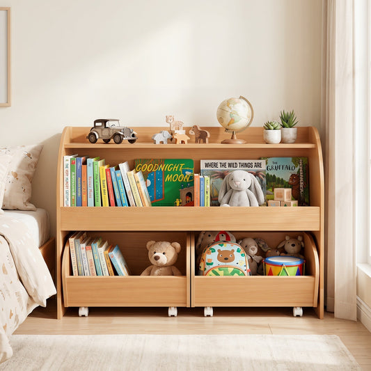 Kids storage organizer with rolling drawers and bookshelf by GBruno Store, featuring colorful compartments for toys and books.