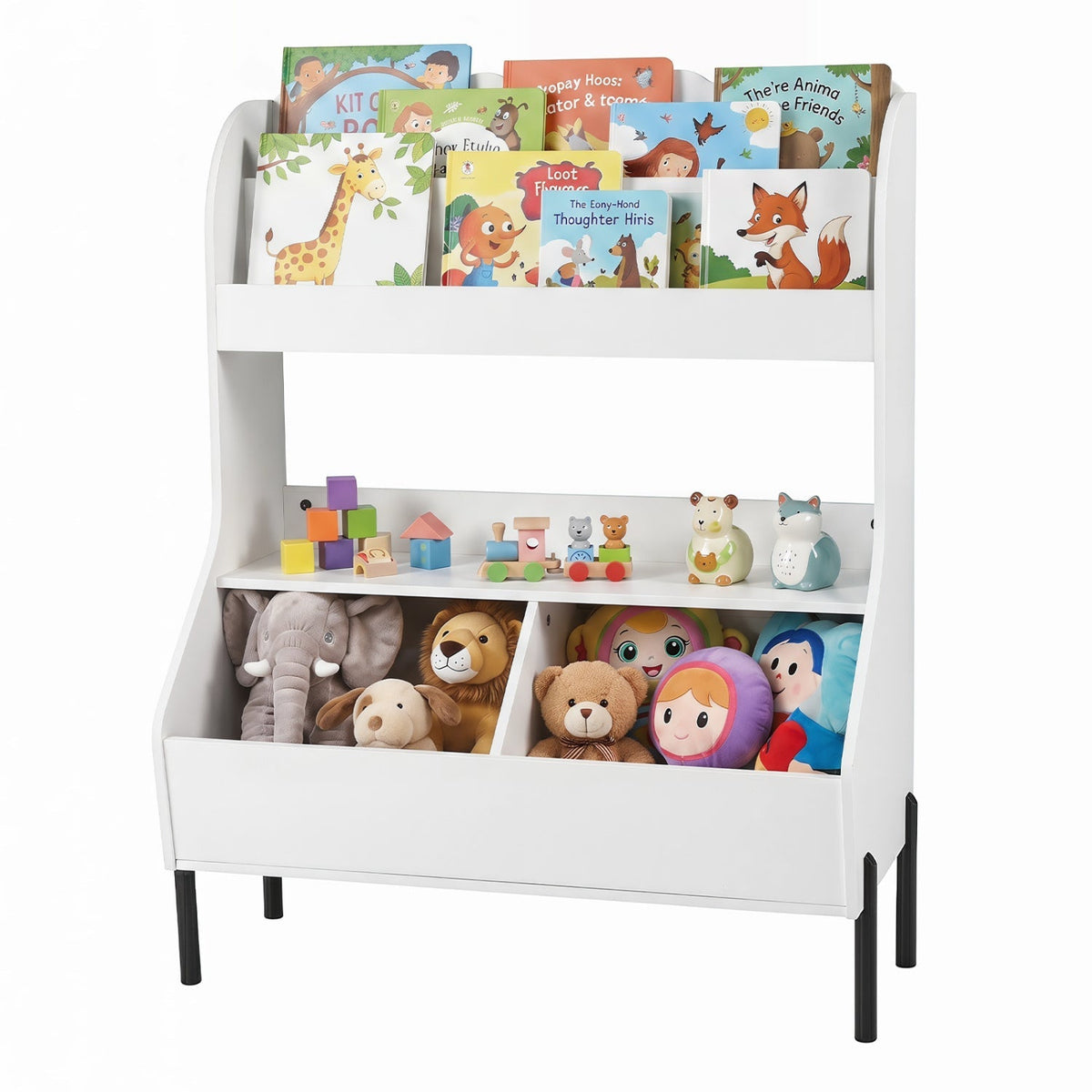 Kids toy storage organizer with bookshelf and bins, made of durable furniture, ideal for kids' bedrooms or playrooms.