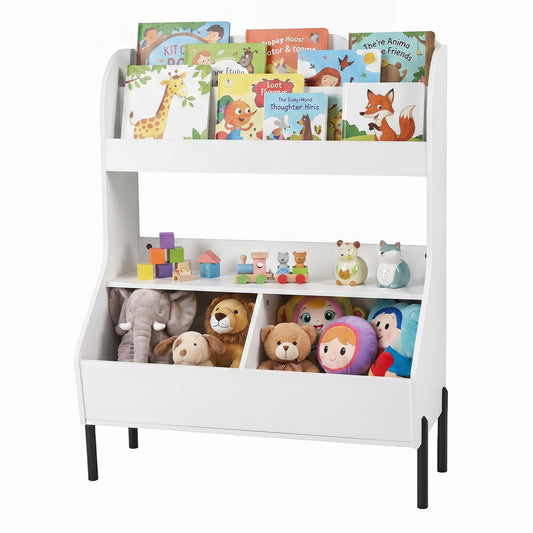 Kids toy storage organizer with bookshelf and bins, made of durable furniture, ideal for kids' bedrooms or playrooms.
