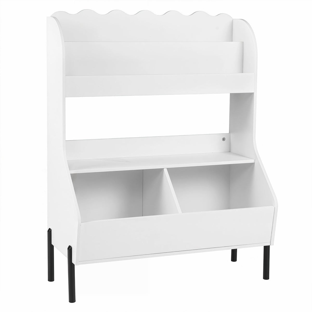 Kids toy storage organizer with bookshelf and bins, colorful children's storage furniture for organizing toys and books.