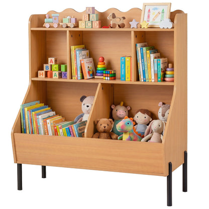 Kids toy storage organizer with five cubes and bookshelf, made by GBruno Store, featuring colorful compartments for toys and books.
