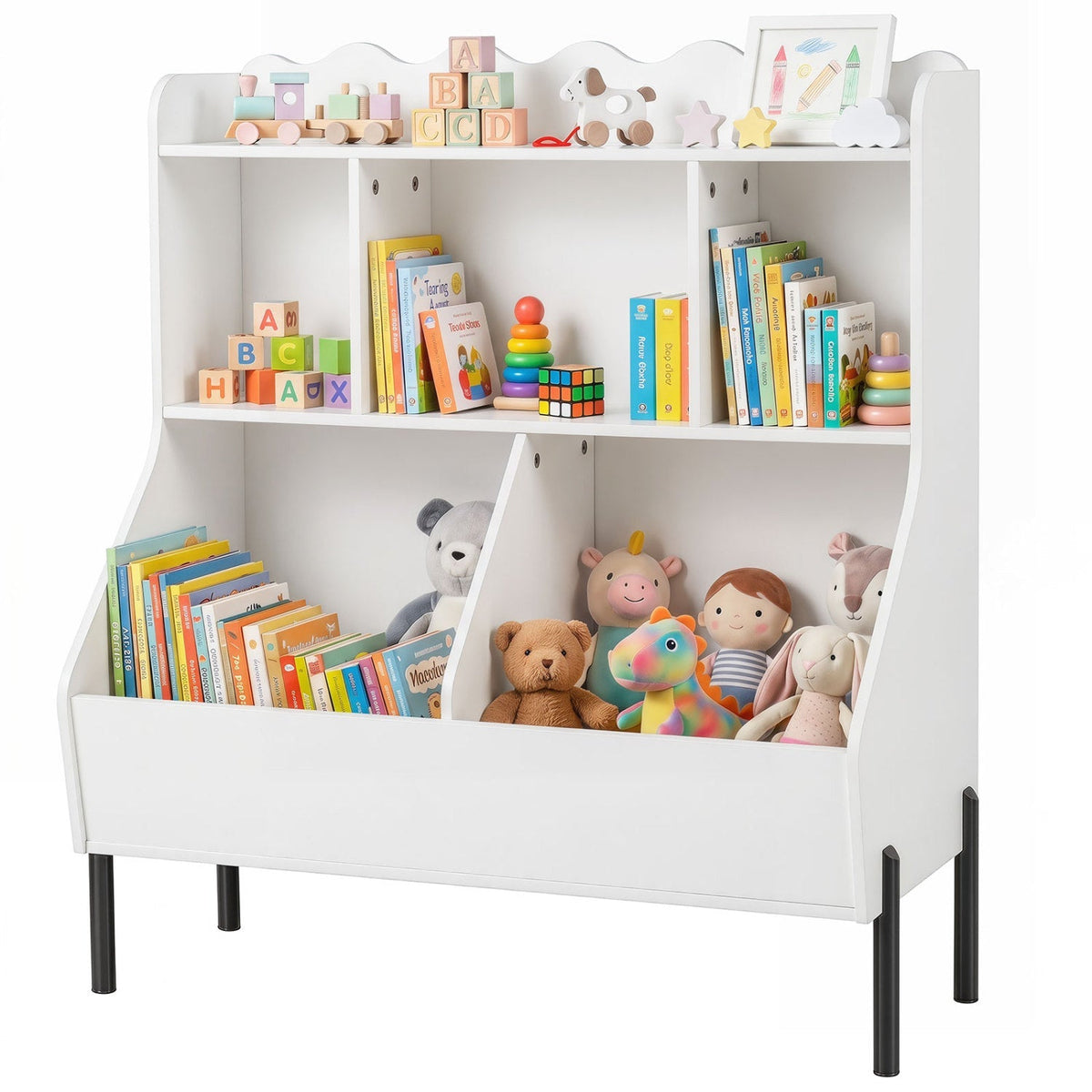 Kids toy storage organizer with 5 cubes and bookshelf, made by GBruno Store, featuring colorful bins and children's books.