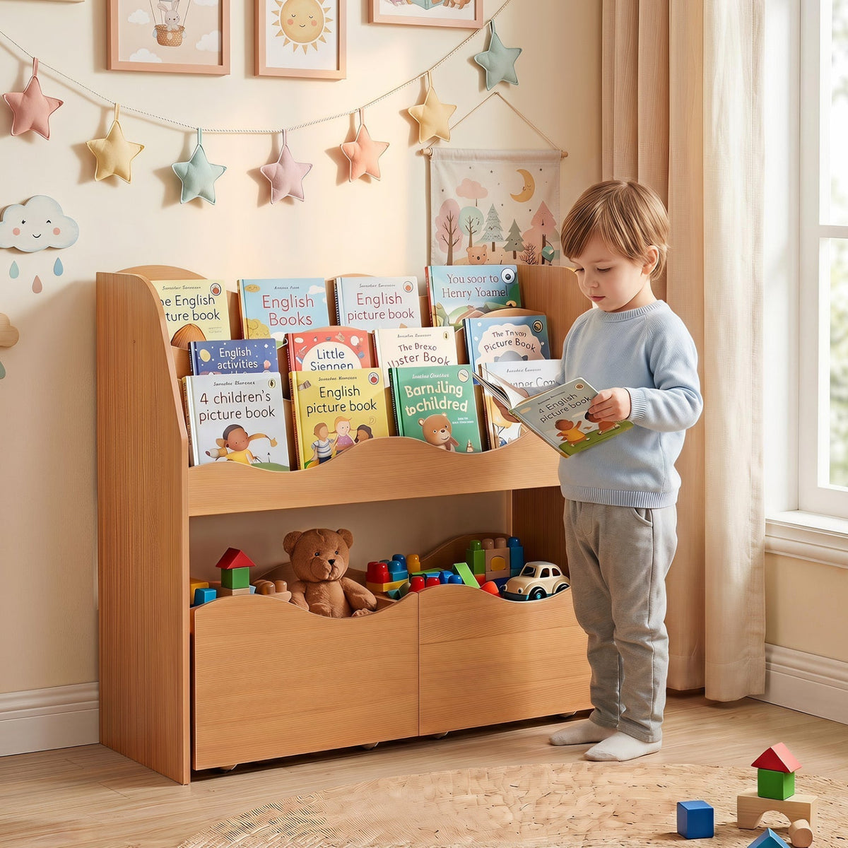 Kids wooden storage organizer with rolling drawers and bookshelf, ideal for organizing toys and books in a child's room.