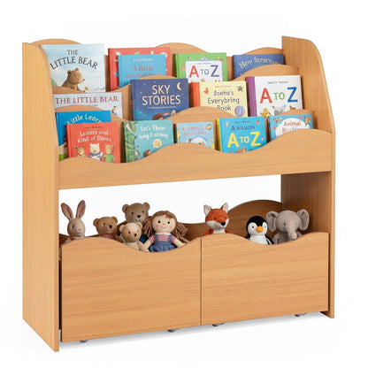 Wooden kids storage organizer with rolling drawers and bookshelf, perfect for toy and book organization in children's rooms.