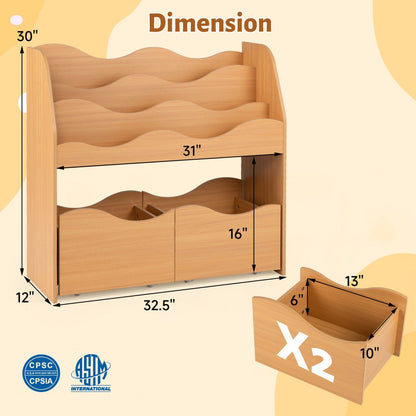Kids storage organizer with rolling drawers and bookshelf, wooden toy storage furniture in natural finish.