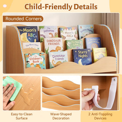 Wooden kids storage organizer with rolling drawers and bookshelf, ideal for toy and book organization in a child's room.