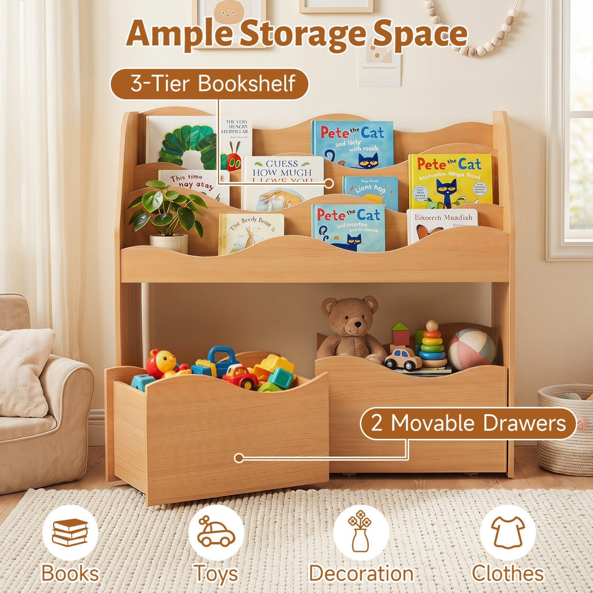 Wooden kids storage organizer with rolling drawers and bookshelf, ideal for toy and book organization in a child's room.