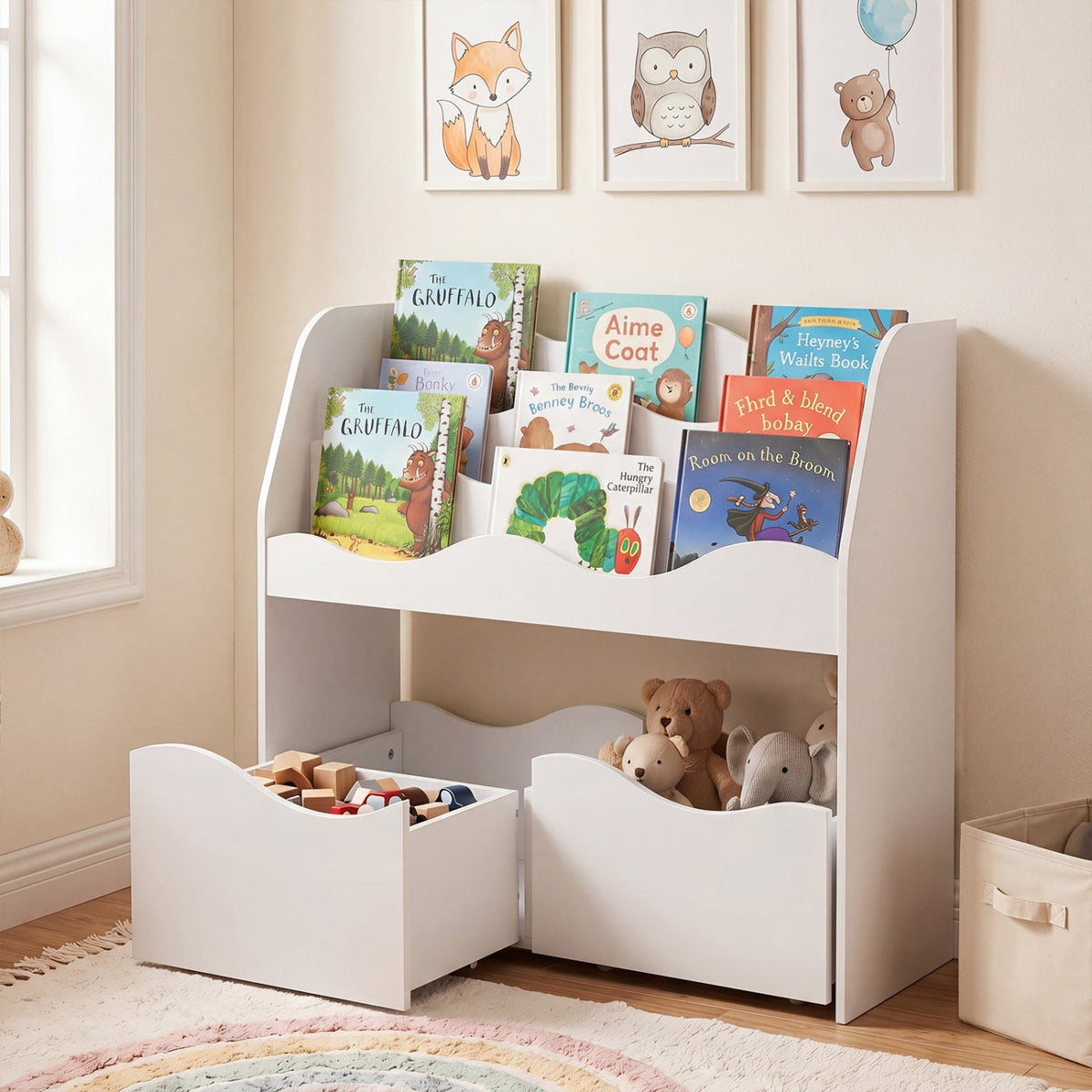 Wooden kids storage organizer with rolling drawers and bookshelf, ideal for toy and book storage in a children's room.