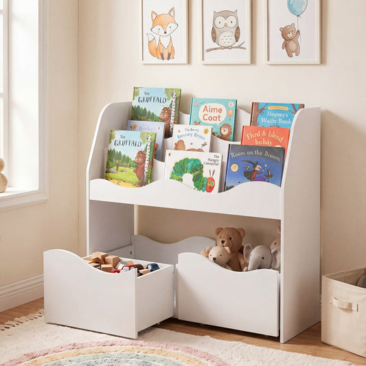 Wooden kids storage organizer with rolling drawers and bookshelf, ideal for toy and book storage in a children's room.