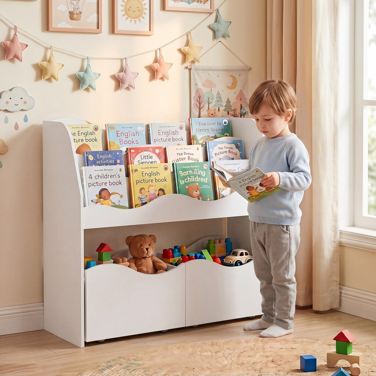 Kids storage organizer with rolling drawers and bookshelf, wooden kid’s furniture from GBruno Store for toy and book storage.