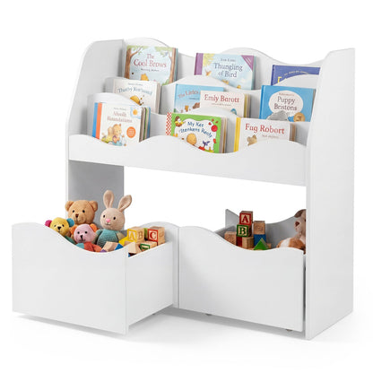 Kids wooden storage organizer with rolling drawers and bookshelf, ideal for organizing toys and books in a child's room.