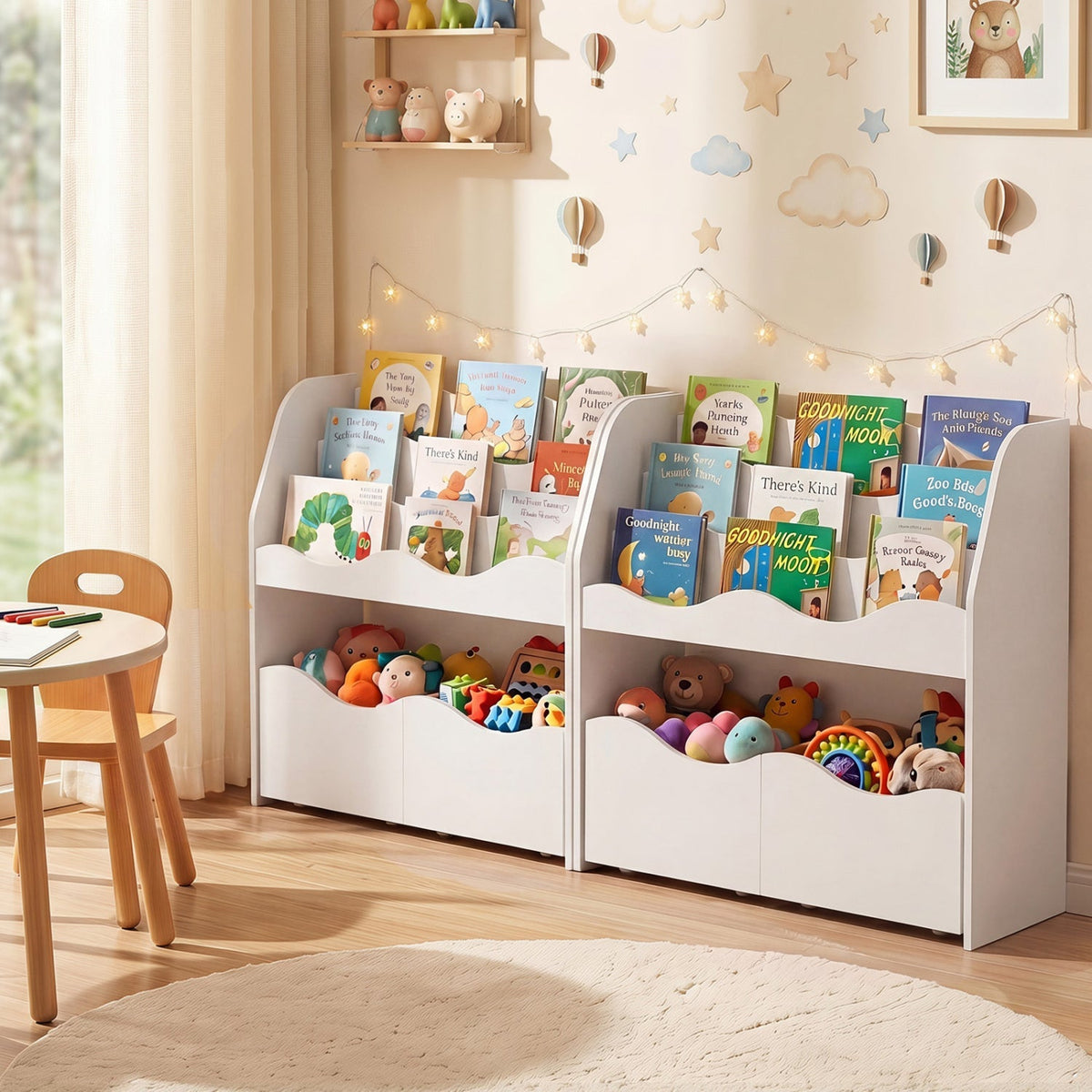 Wooden kids storage organizer with rolling drawers and bookshelf, perfect for toy and book organization in children’s rooms.
