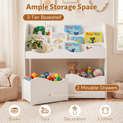 Wooden kids storage organizer with rolling drawers and bookshelf, ideal for children's toys and books, by GBruno Store.